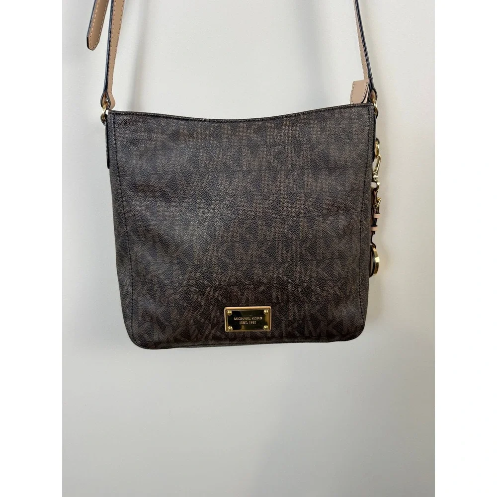 Michael‎ Kors Signature Brown Crossbody Bag Gold Hardware PVC Medium Jet Set